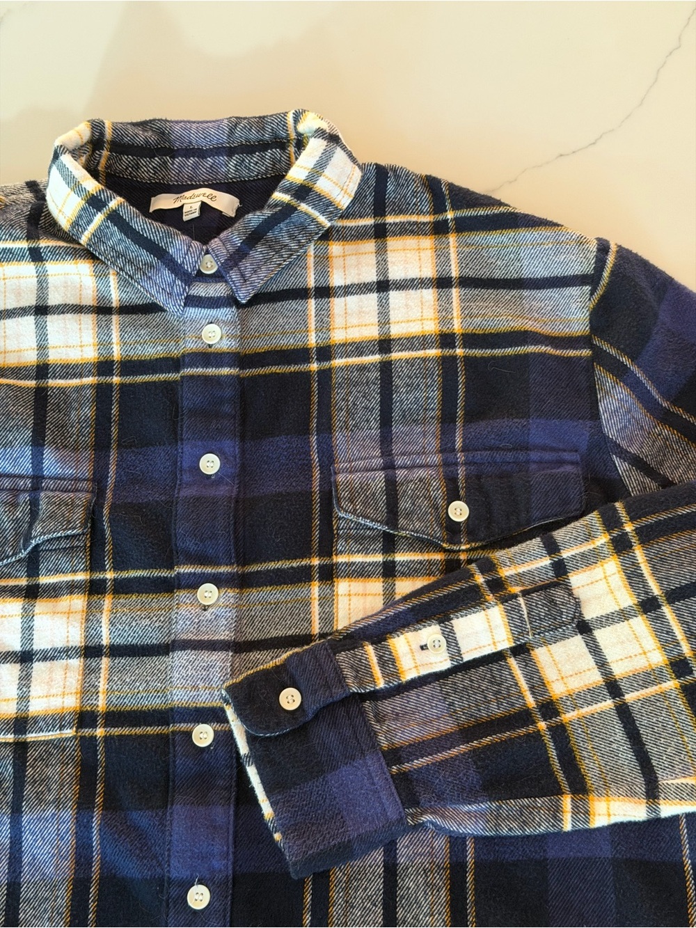 Madewell Navy and Yellow Plaid Flannel women’s Shirt size L
